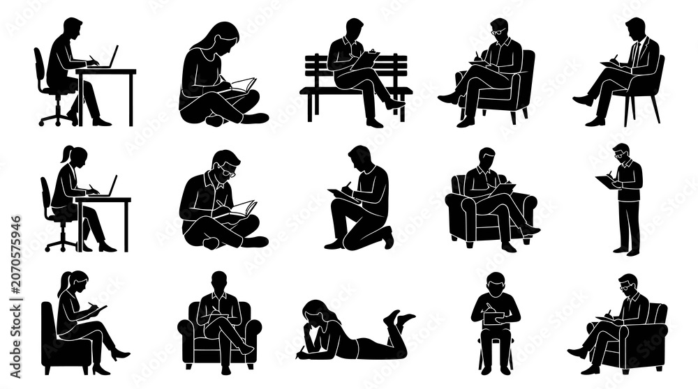 Fototapeta premium Black and White Silhouettes of People Studying and Writing