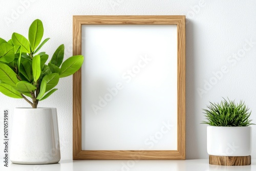 Minimalist still life with empty wooden frame and potted green plants on white surface against white wall background