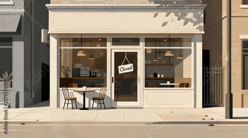 Cozy storefront of a closed cafe with a hanging sign on the glass door, warm sunlight anime illustration.