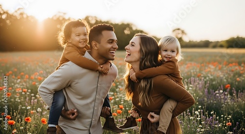 Family of four poses happily in a field of vibrant wildflowers during sunset.
