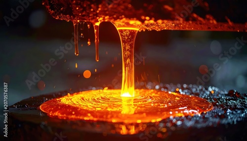 Molten orange glass pouring into mold in industrial workshop.