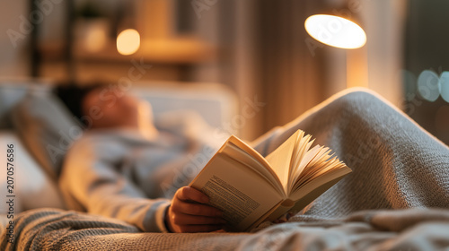 Person reading book in bed under warm lamp light during cozy evening relaxation at home
