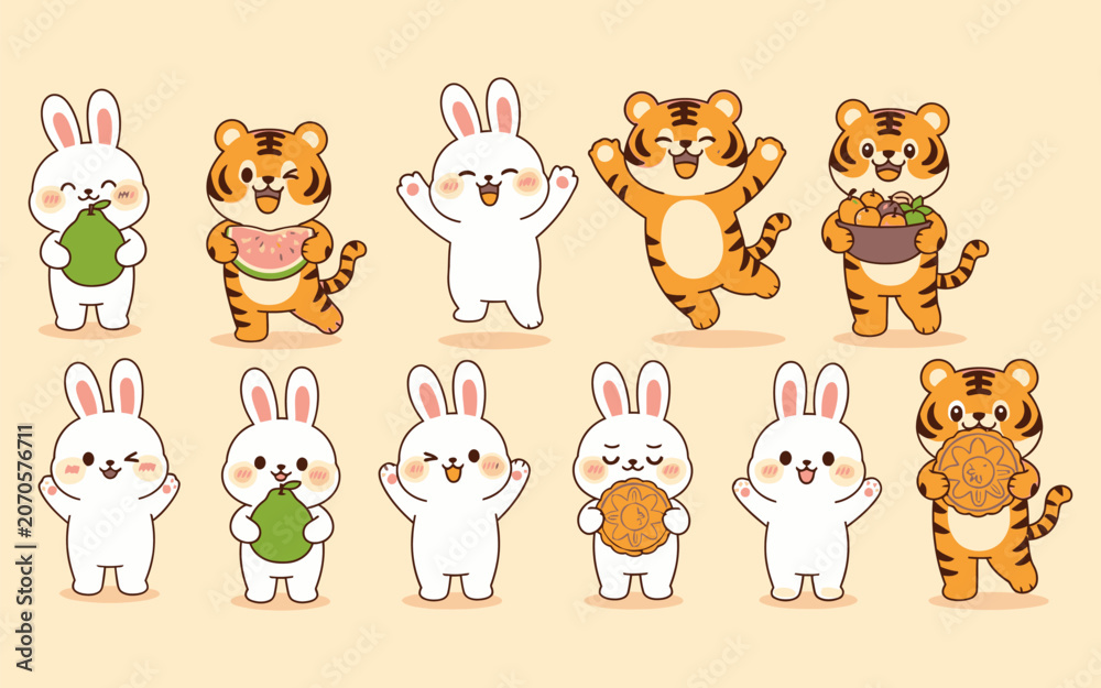 Naklejka premium Cute cartoon rabbits and tigers celebrating Mid-Autumn Festival with mooncakes and fruits vector illustration set Mid-Autumn Festival