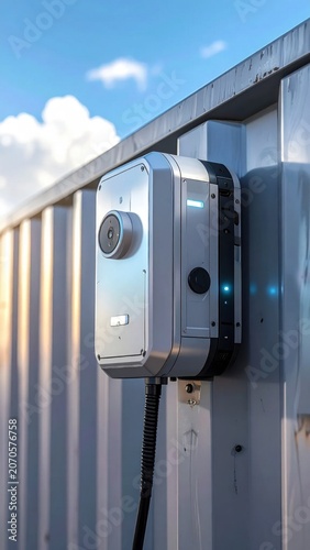 Modern industrial electric vehicle charging station mounted on corrugated metal wall outdoors for sustainable transport infrastructure