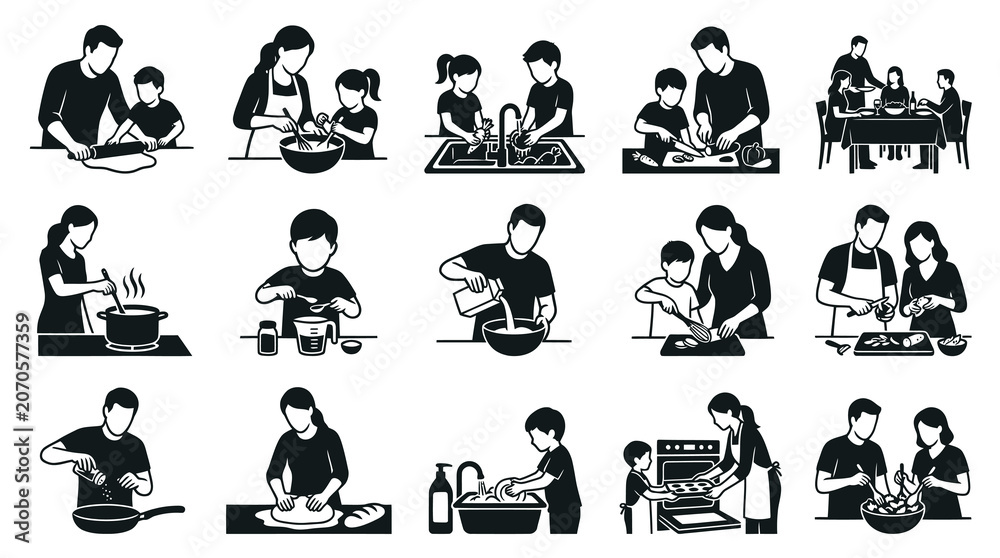 Obraz premium Family Cooking Kitchen Activities Glyph Icons. Food Preparation, Baking, Dishwashing Silhouette Vector Set.