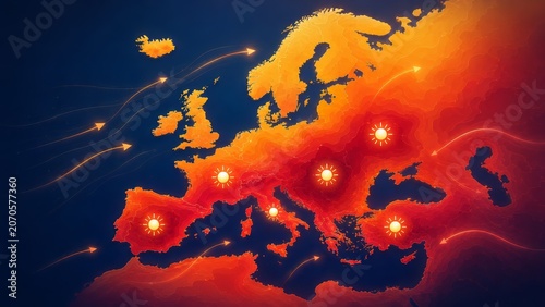 Europe heat wave forecast map with hot air flow arrows and sun warning icons showing summer weather anomaly, climate change pressure, energy demand spike and electricity crisis across cities