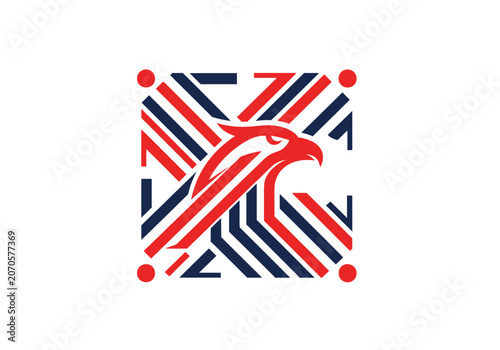 Stylized eagle head logo with red and blue geometric patterns