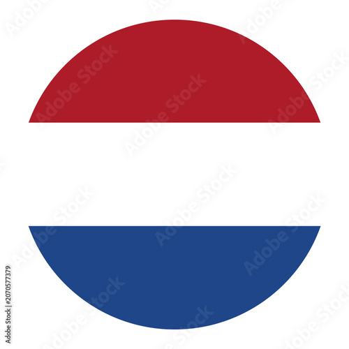 Netherlands flag button PNG presenting a minimalist circular design of horizontal red, white, and blue stripes.