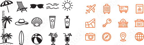 Summer vacation and travel planning vector icon set featuring black beach silhouettes and orange outline tourism symbols for holiday booking