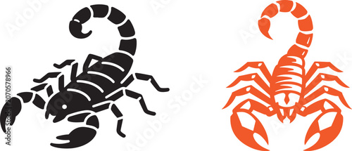 Schilderij op canvas Scorpion vector icons with black and orange silhouettes featuring sharp claws an