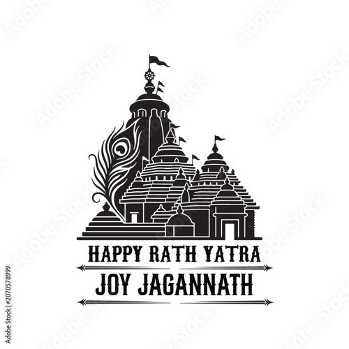 Happy Rath Yatra greeting vector design with Jagannath Temple silhouette and peacock feather