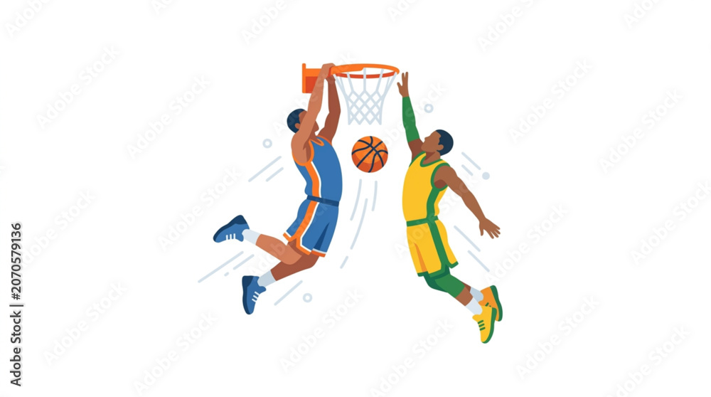 Fototapeta premium Two basketball players jumping high to score a slam dunk.
