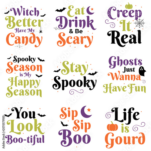 Colorful Halloween Typography Quotes Bundle – Spooky Cute Lettering Vector Set, Halloween Party Sayings and Hand Drawn Seasonal Design Collection