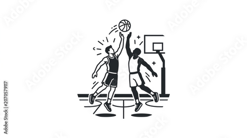 Photos Two basketball players jumping for the ball during a game.