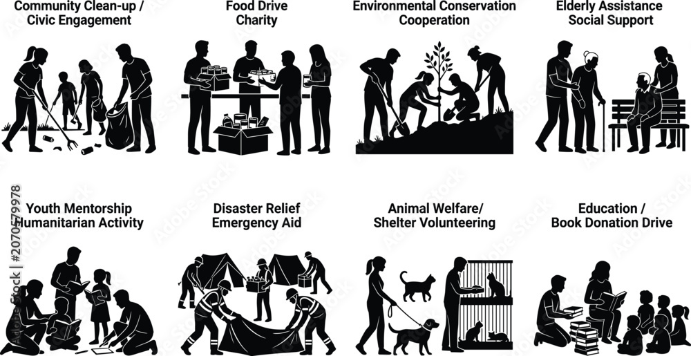 Fototapeta premium Community Volunteer Activities Silhouette Set Featuring Charity Support Education Conservation and Humanitarian Aid