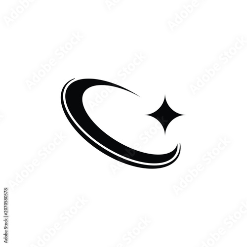 Black swirling star symbol crescent shape with four pointed star on right symbolizing magic and wonder in design and art.
