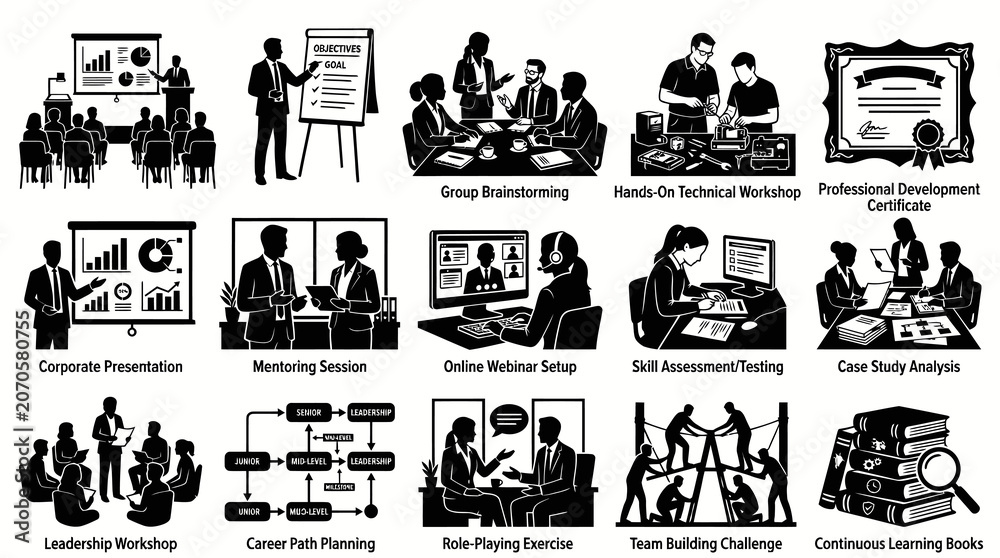 Fototapeta premium Business Meeting Training Icons: Corporate Presentation, Mentoring, Workshop, Certificate, Team Building