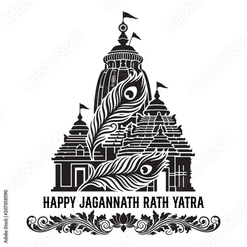 Happy Jagannath Rath Yatra illustration with Puri temple silhouette and lotus ornament