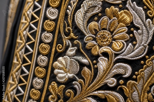 Intricate floral and geometric embroidery on charro jacket, gold and silver thread detail.