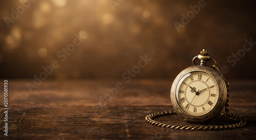 Vintage pocket watch with chain on a rustic wooden table against a golden bokeh background