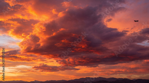 Dramatic fiery sunset clouds over mountain peaks with a distant airplane silhouette