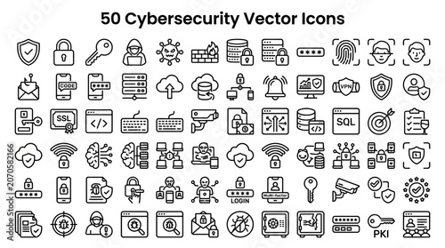 Comprehensive Collection of Cybersecurity Vector Icons Featuring Network Security Data Protection Encryption and Digital Privacy Symbols