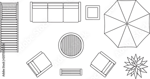 Outdoor patio furniture set top view plan symbols including sofa lounge chair table umbrella and plant for architectural landscape design projects in vector line art