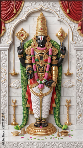 Divine Lord Venkateswara Balaji adorned with traditional gold jewelry and silk