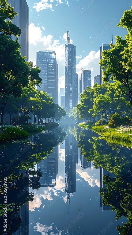 Fototapeta premium Cityscape with river and green trees.