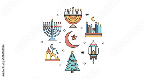 Diverse religious and holiday symbols, including menorahs, a crescent moon and star, a Christmas tree, and a lantern, are arranged in a circle.