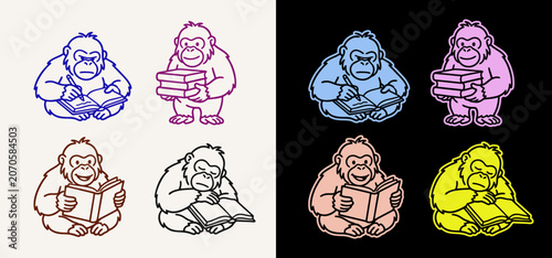 Creative Gorilla Logo Vector Set - Cute Monkey Studying, Reading, and Writing Mascot Icons for Education Branding, School, Library Emblem, and Publishing Identity