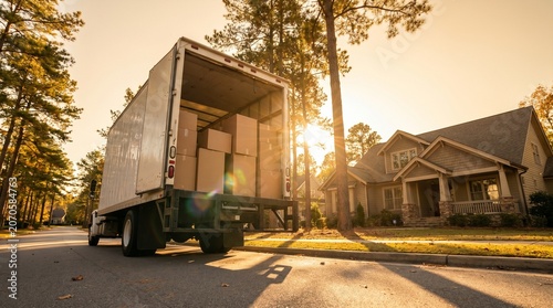 Moving truck full of cardboard boxes parked at a suburban home during sunset.
