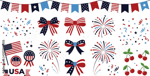 American Independence Day celebration elements with fireworks bows and bunting against a white background