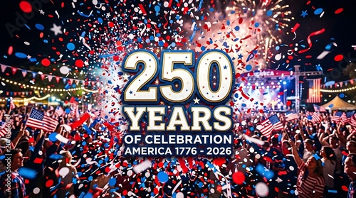 Vibrant crowd celebrating 250 years of america with fireworks and confetti at night