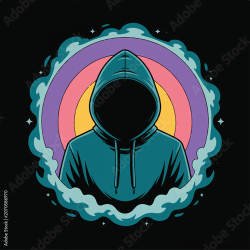 A digital art illustration of a hooded figure in a dark teal hoodie against a circular background