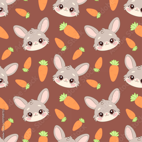 Cute seamless pattern with rabbit and orange carrots on brown background. Hand drawn flat style. For Easter decorations, nursery wallpaper, childrens apparel, baby textile prints, wrapping paper.