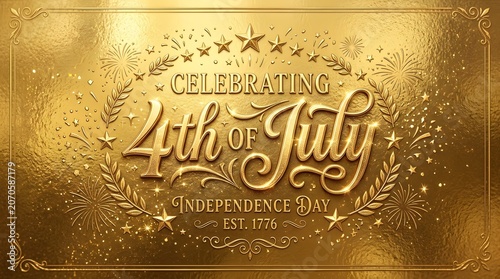 Gold 4th of july celebration background with fireworks and stars