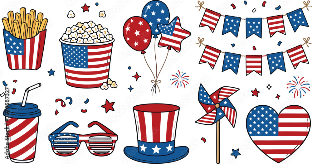 Obraz premium American holiday icons with celebratory elements in a festive doodle style