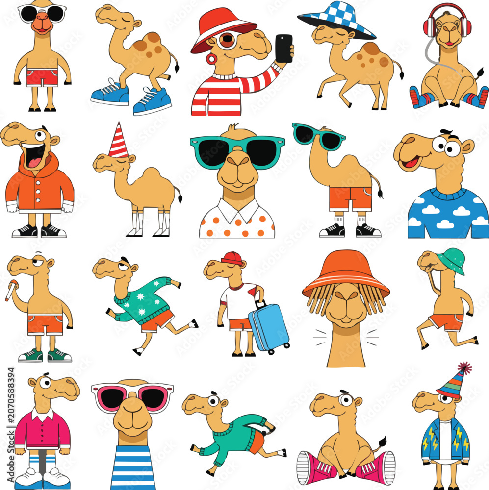 Fototapeta premium Funny Cartoon Camel Character Set Isolated on Transparent Background