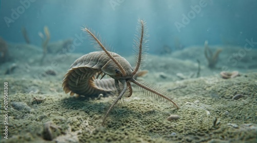 Prehistoric Cambrian arthropod creature crawling on ancient ocean floor, extinct marine invertebrate animal, paleozoic era wildlife, underwater evolution concept