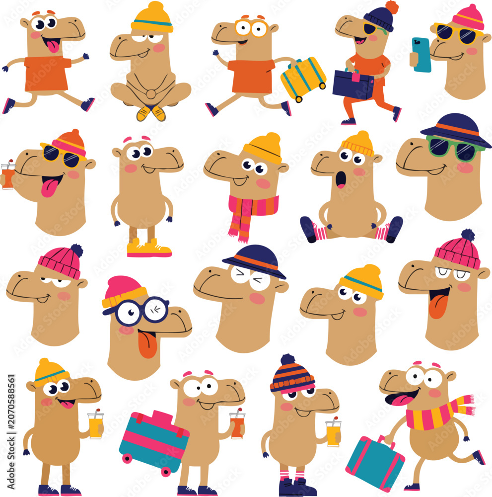 Fototapeta premium Funny Cartoon Camel Character Set Isolated on Transparent Background