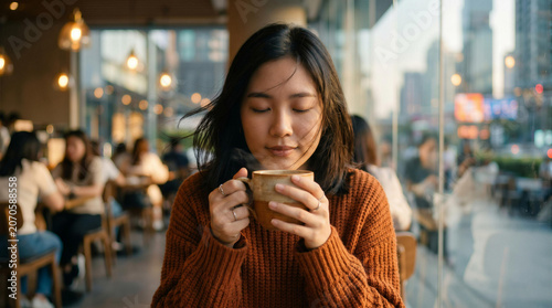 Young Asian woman relaxing with eyes closed enjoying hot coffee in a cozy city cafe by the window