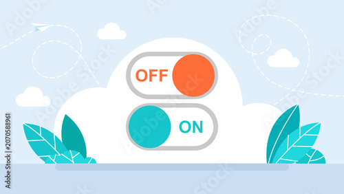 Choice between on and off modes, flat toggle switch buttons representing active or inactive status, control panels, power logic and business settings. Vector illustration.