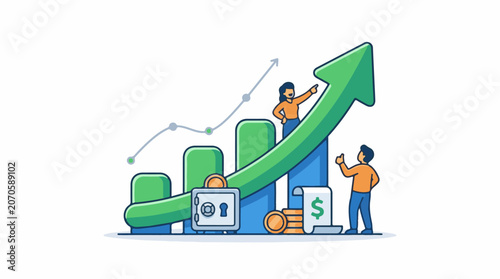 Illustration of two people interacting with a large green arrow and graph