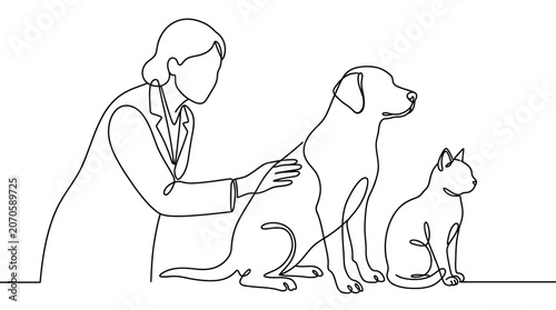 Continuous line drawing of a veterinarian examining a dog and a cat.