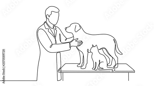 Continuous line drawing of a veterinarian examining a dog and a cat on an exam table.