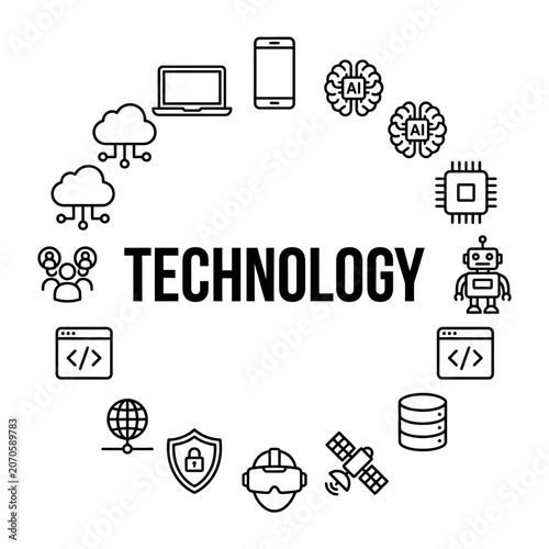 Technology icons and symbols circle.