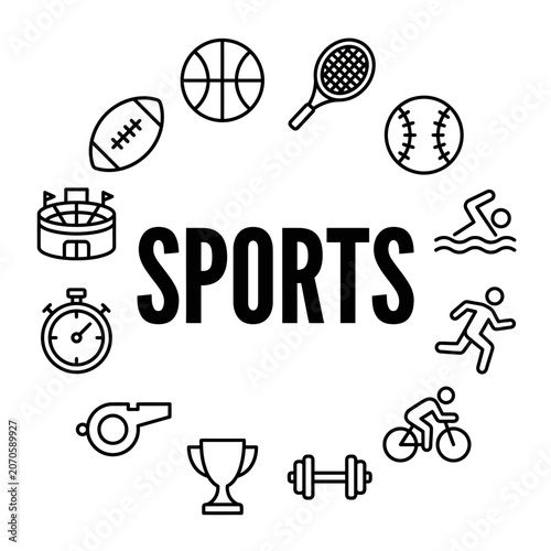 Various Sports Icons and Equipment Display.