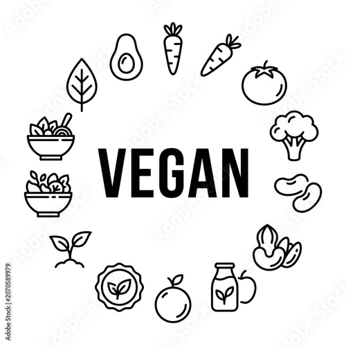 Vegan lifestyle and plant-based food icons.