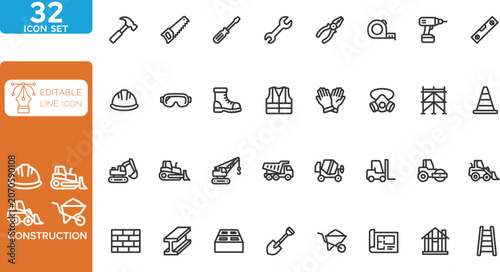 Construction line editable Icons set. Vector illustration. for building and architecture. on transparent background.